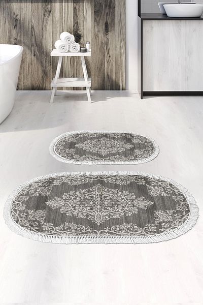 Alanur Home Eko Trend Djt 2 Pack Πλενόμενη αντιολισθητική βάση Οβάλ Χαλάκι μπάνιου 762 Ottoman Grey (60 X 100 - 50 X 60)