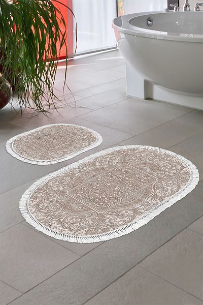 Alanur Home Eko Trend Djt 2 Pack Πλενόμενη Βάση Οβάλ Χαλάκι Μπάνιου 1488 Μοντέρνο Καφέ (60 X 100 - 50 X 60)