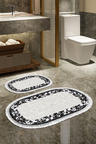 Alanur Home Eko Trend Djt 2 Pack Πλενόμενη αντιολισθητική βάση Οβάλ Χαλάκι μπάνιου 1495 Μοντέρνο Μαύρο (50 X 80 - 40 X 50)