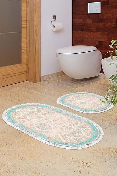 Alanur Home Eko Trend Djt 2 Li Covoraș de baie oval cu bază lavabilă 1376 Turcoaz clasic (60 X 100 - 50 X 60)