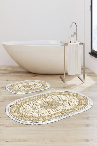 Alanur Home Eko Trend Djt 2 Li Πλενόμενη Βάση Οβάλ Χαλάκι Μπάνιου P1360 Ottoman Cream (50 X 80 - 40 X 50)