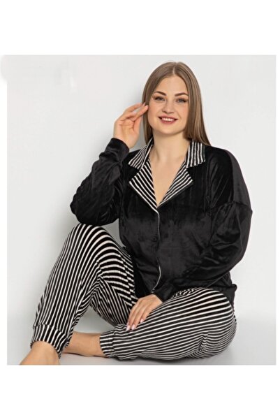 ZENS Pijamoni Kadın Siyah Büyük Beden Fransız Kadife Önden Düğmeli Pijama Takımı