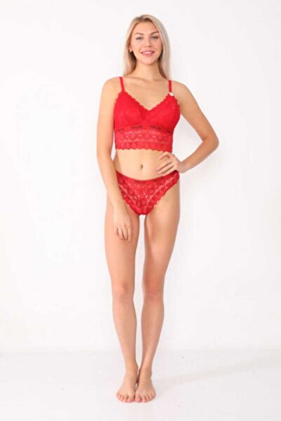 Koza Women's Red Belt Written Lace Bustier Suit