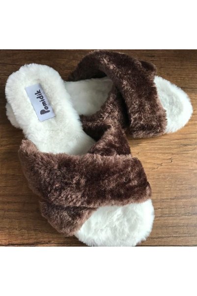 Pomidik Women's Brown White Plush Furry Cross House Slippers