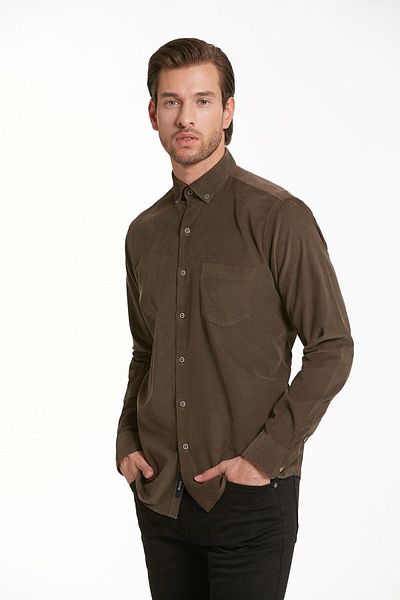Hatemoğlu Καφέ Comfort Fit Μακρυμάνικο 100% βαμβακερό απλό κλασικό πουκάμισο