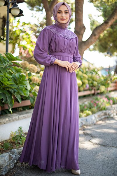 Feiza Collection Yakası Dantelli Tesettür Abiye Elbise - Mor