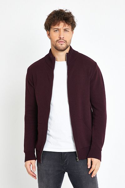 Matte Brussels Burgundy Zippered Knitwear Cardigan with Pockets