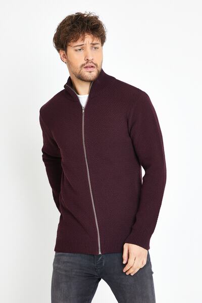 Matte Monaco Burgundy Zippered Knitwear Sweater Cardigan