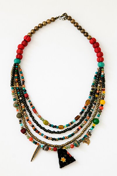 Lila Rosa Doğal Taşlı Çoklu Otantik Etnik Kolye