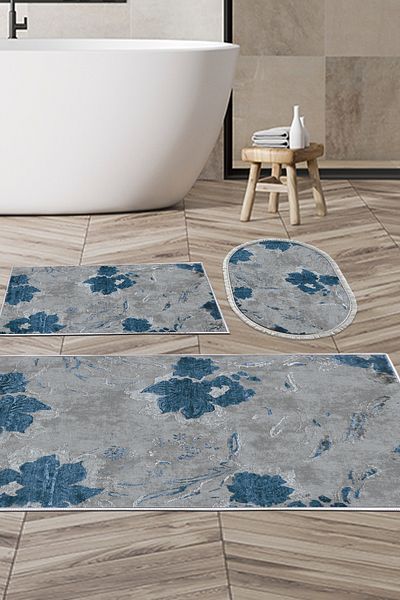 Alanur Home Eko Trend Djt Σετ πατάκι μπάνιου 3 τεμαχίων που πλένεται αντιολισθητική βάση 660m Ακουαρέλα μπλε