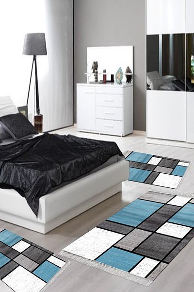 Alanur Home Eko Trend Djt Πλενόμενη αντιολισθητική βάση 3 τεμαχίων υπνοδωματίου S5044 Geometric Blue
