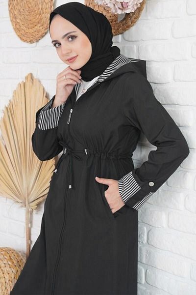 Modakenti Women's Large Size Double Sleeve Waterproof Bondit Hooded Trench - Black