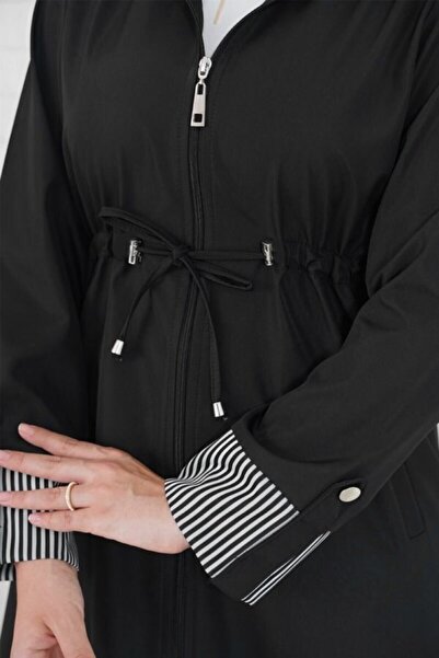 Modakenti Kadın Büyük Beden Duble Kol Su Geçirmez Bondit Kapşonlu Trenç - Siyah