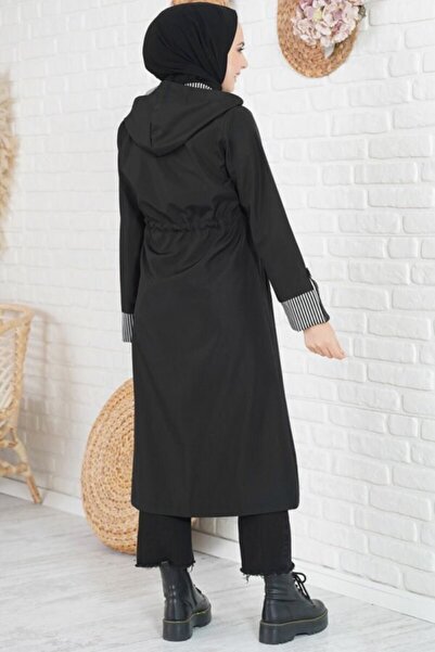 Modakenti Kadın Büyük Beden Duble Kol Su Geçirmez Bondit Kapşonlu Trenç - Siyah