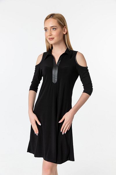 Laranor Black Shirt Collar Off-The-Shoulder Dress
