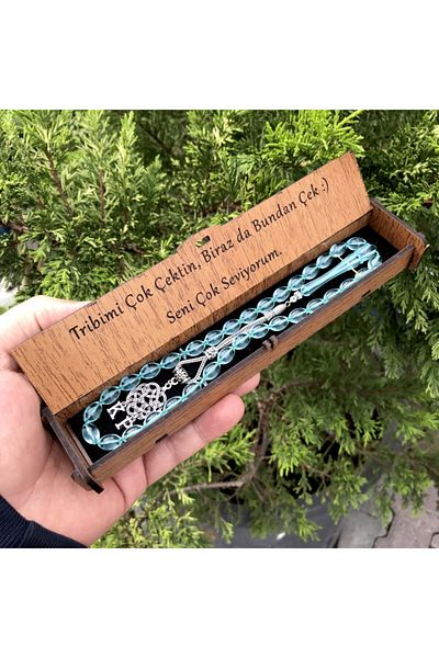 KANUNİ TESBİH Water Green Letter Tassel Prayer Beads with Wooden Box