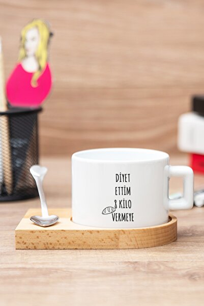 Procity Diyet Ettim Kilo Vermeye Esprili Ahşap Altlıklı Fincan