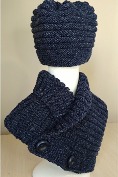 BzDenAl Lacivert El Örgüsü Yün Boyunluk-bere Takımı 2'li Takım