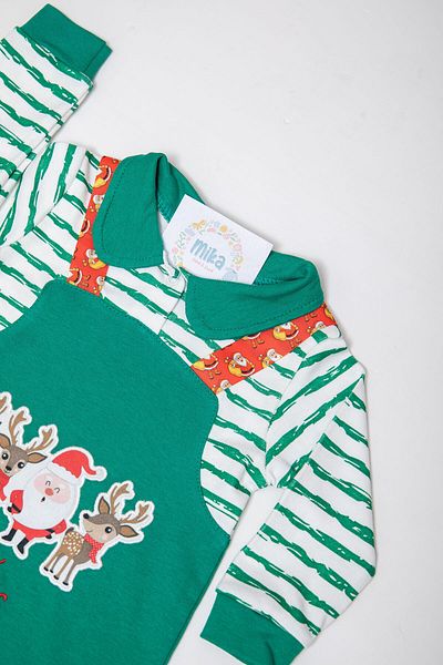 Mika Bebek & Çocuk Unisex Green Jumpsuit with Rattle Booties and Santa Claus Deer Printed Salopet Look