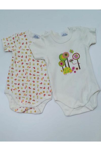 Albimini Organic Half Sleeve 2 Pieces Body 100% Cotton Cream Pink Floral