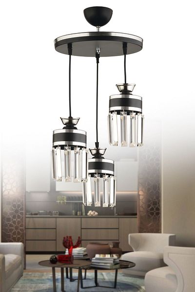 KUZEY AYDINLATMA Eylül 3-Piece Pendant Lamp with Crystal Stones Black Chrome Gilded Modern Luxury Living Room Chandelier