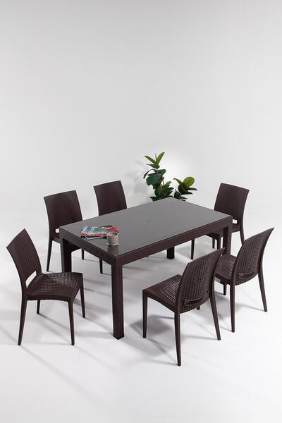 SANDALİE Rattan Large Camlı Kahve Masa Takımı Bahçe&balkon 1 Camlı Masa + 6 S...
