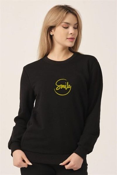 to COSMOS Basic Sweatshirt Smile Printed Black Unisex
