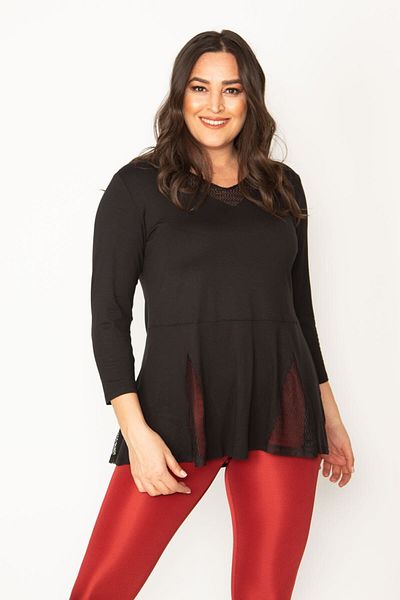 Şans Women's Large Size Black Viscose Blouse with Lace Detail on Collar and Hem 65n30460