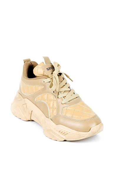 MixBrand Kadın Günlük Bej-nude Kapitone Detaylı Kalın Tabanlı 5 Cm Sneakers Spor Ayakkabı