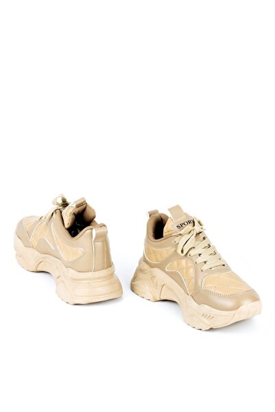 MixBrand Kadın Günlük Bej-nude Kapitone Detaylı Kalın Tabanlı 5 Cm Sneakers Spor Ayakkabı