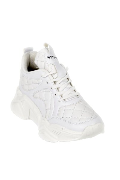 MixBrand Kadın Günlük Beyaz Kapitone Detaylı Kalın Tabanlı 5 Cm Sneakers Spor Ayakkabı