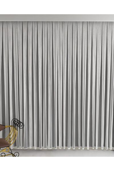 VANESSA PERDE Çizgili Ip Tül Gri Parlak Geçiş Kırışmaz 1/3 Sık Pile Yüksek Gr...