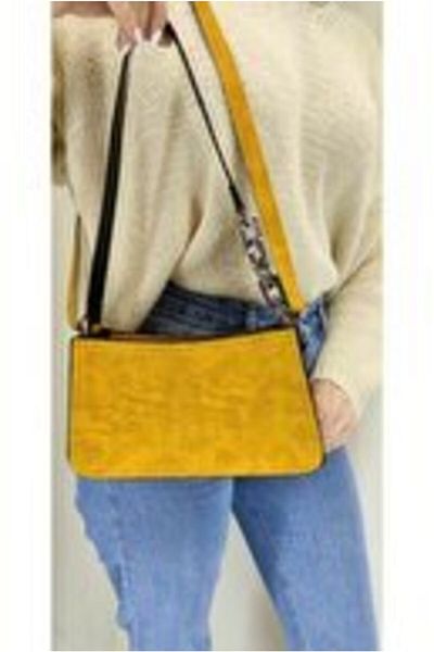 Restbag Women's Mustard Nubuck Chain Strap Baguette Hand and Shoulder Bag