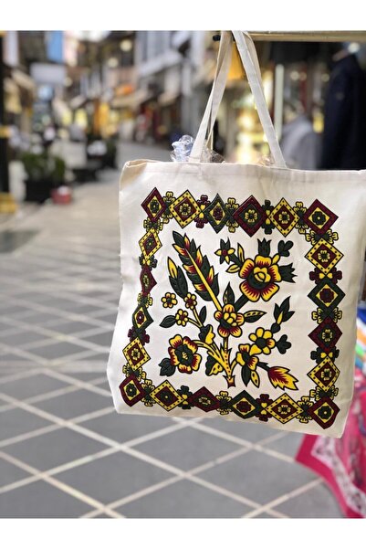 NADİR TEKSTİL Otantik Desen El Baskılı Körüklü Ham Bez/bez Çanta 46x42 Cm Sap...
