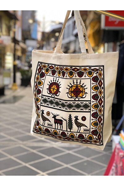 NADİR TEKSTİL Otantik Desen El Baskılı Körüklü Ham Bez/bez Çanta 46x42 Cm Sap...