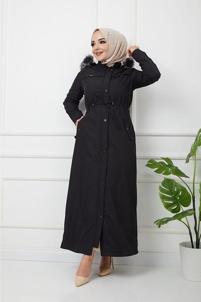 KMKkombin Water Prof Black Fur Lined Winter Full Length Long Topcoat Coat