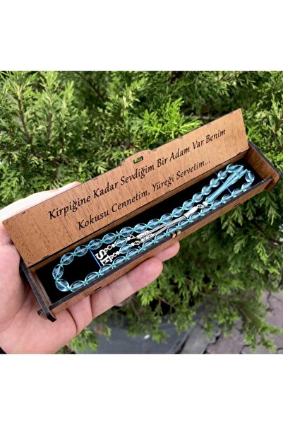 KANUNİ TESBİH سبحة صلاة على شكل حرف أخضر مائي مع صندوق خشبي