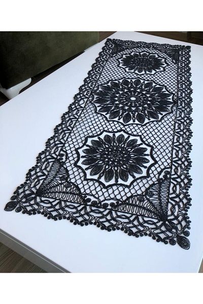 WENESSİ Model Fagure Anglez Snur Brodat Tulle Runner Negru Argintiu Sclipici 120cm