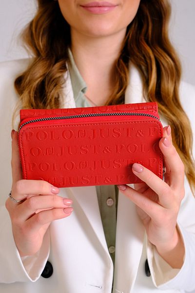 Just Polo Women's Red Multi-Functional Vegan Wallet with 8 Cards + 1 ID Compartment, Snap Fastener and Zipper Closure
