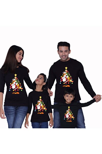 HediyeMania Yılbaşı Aile Kombini Tişört Seti Ince Pamuklu Lüx Uzun Kollu Aile Tshirt Noel Babalı Siyah 4lü