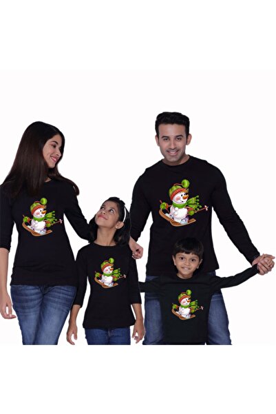 HediyeMania Yılbaşı Aile Kombini Tişört Seti Ince Pamuklu Lüx Uzun Kollu Aile Tshirt Siyah 4lü Kardan Adamlı