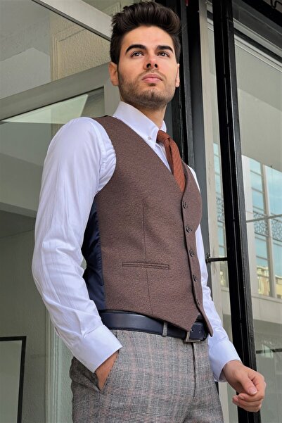NAZEF Slim-Fit Self-Patterned Brown Wool Vest