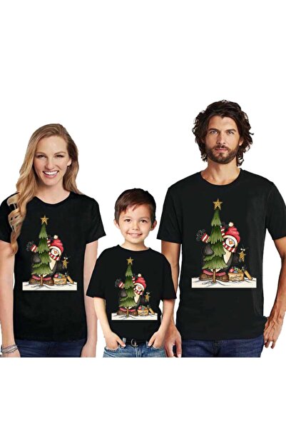 HediyeMania Siyah Yılbaşı Aile Kombini Tişört Seti 3lü Anne Baba Çocuk Için Tshirt