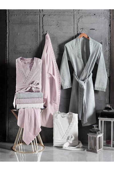 Altınbaşak Nina Lilac - Women's Laced Bamboo Bathrobe Set
