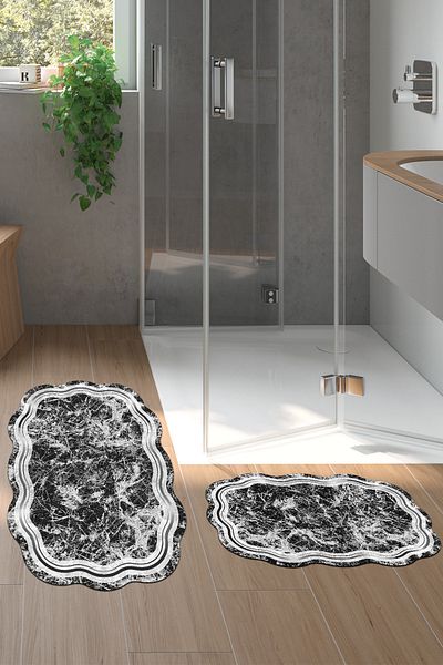 Alanur Home Laser Cut Djt 2 Pack Πλενόμενη αντιολισθητική βάση Χαλάκι μπάνιου Σετ Τουαλέτας 203 Μαύρο