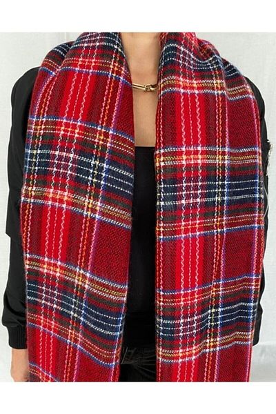 Mathilda Aksesuar Unisex Red Scottish Pattern Textured Scarf