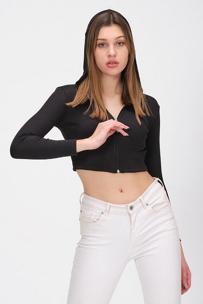 PUNKY CAT Γυναικεία κοντή μπλούζα με μαύρη κουκούλα