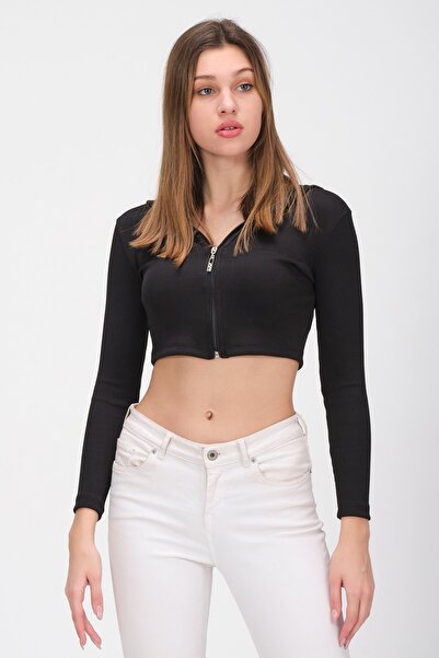 PUNKY CAT Women's Black Hooded Short Crop Blouse