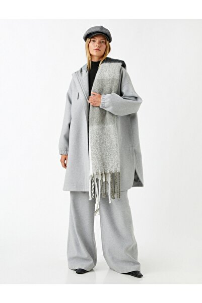 Koton Dlouhý kabát s kapucí na zip ze směsi vlny