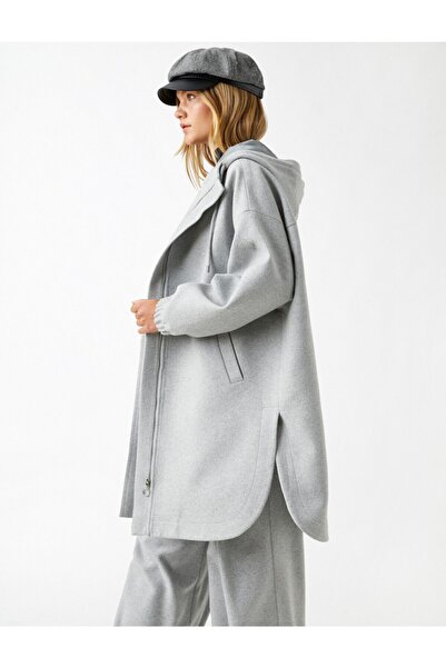 Koton Dlouhý kabát s kapucí na zip ze směsi vlny